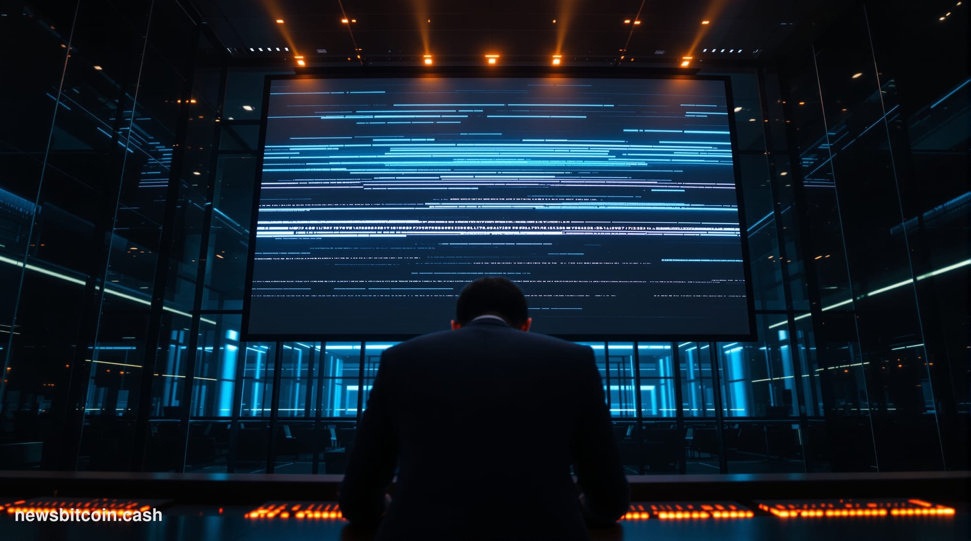 Cinematic photorealistic editorial photograph of a massive digital trading floor with muted blue-green ambient lighting, a ce