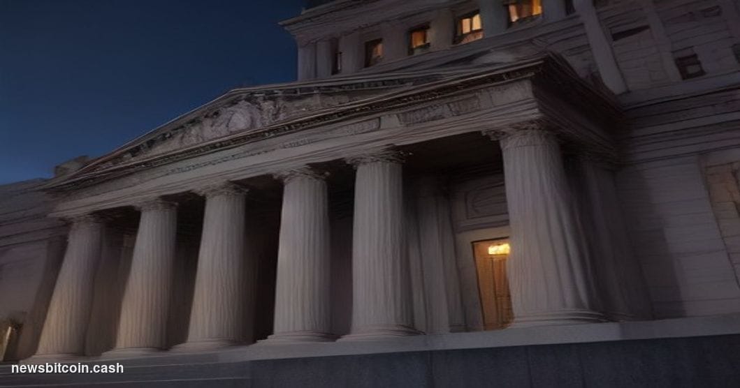 Cinematic photorealistic editorial photograph of the US Treasury Department building in Washington D.C., shot at dusk from a 