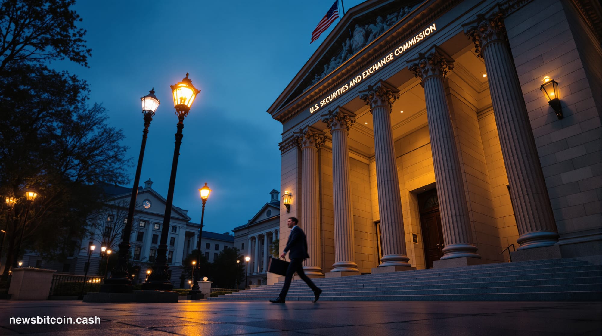 Cinematic photorealistic editorial photograph of the U.S. Securities and Exchange Commission headquarters in Washington D.C.,