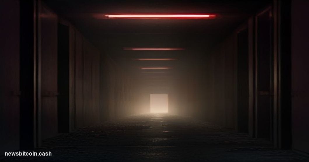 Cinematic photorealistic editorial photograph of a glowing server rack corridor plunged into sudden darkness, with a single e
