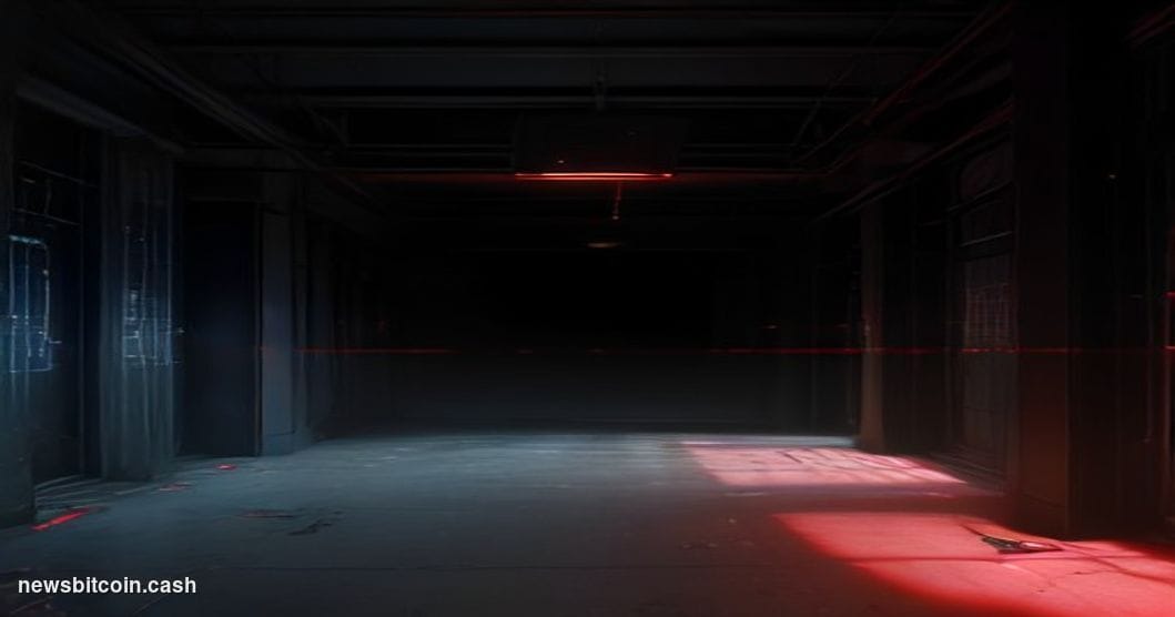 Cinematic photorealistic editorial photograph of a darkened server room with emergency red warning lights casting long shadow