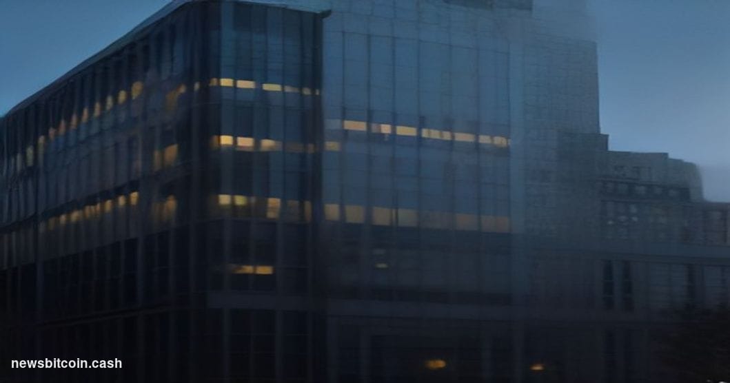 Cinematic photorealistic editorial photograph of the exterior of the CFTC's Washington D.C. headquarters building at dusk, sh