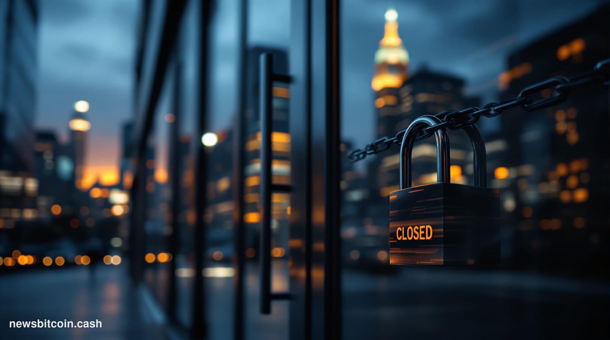 A cinematic photorealistic editorial photograph of a shuttered financial office storefront in a sleek American urban financia