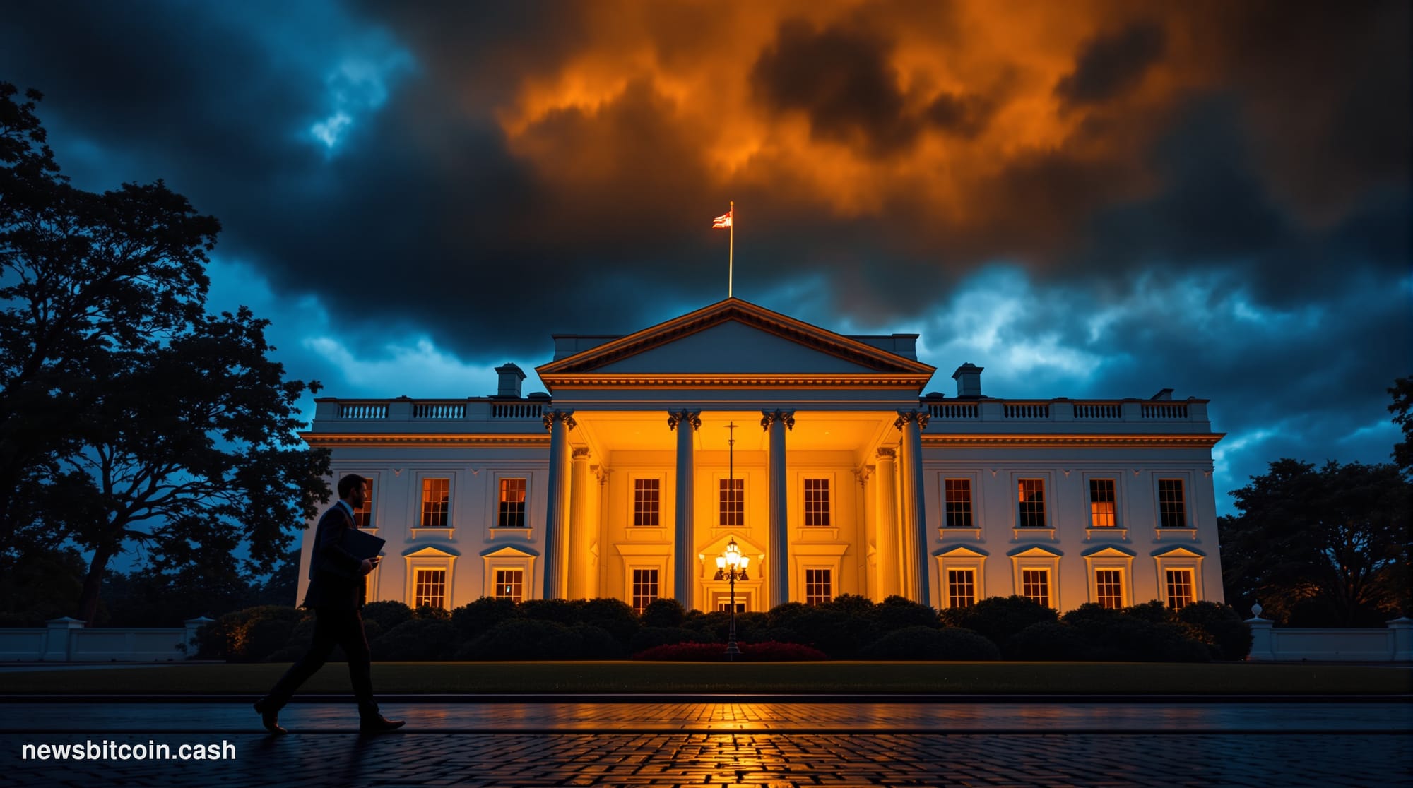 Cinematic photorealistic editorial photograph of the White House's North Portico at dusk, shot from a low angle looking upwar