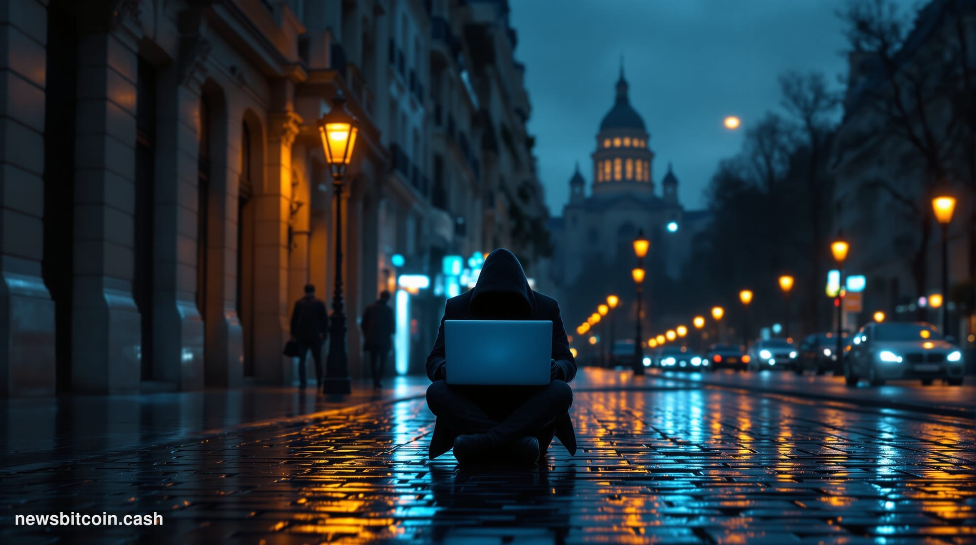Cinematic photorealistic editorial photograph set in Paris, France at dusk, with the iconic Haussmann-style government buildi