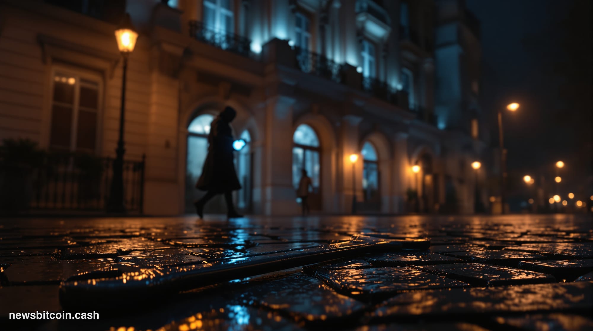 Cinematic photorealistic editorial photograph shot at night on a rain-slicked Parisian street, with the imposing stone facade