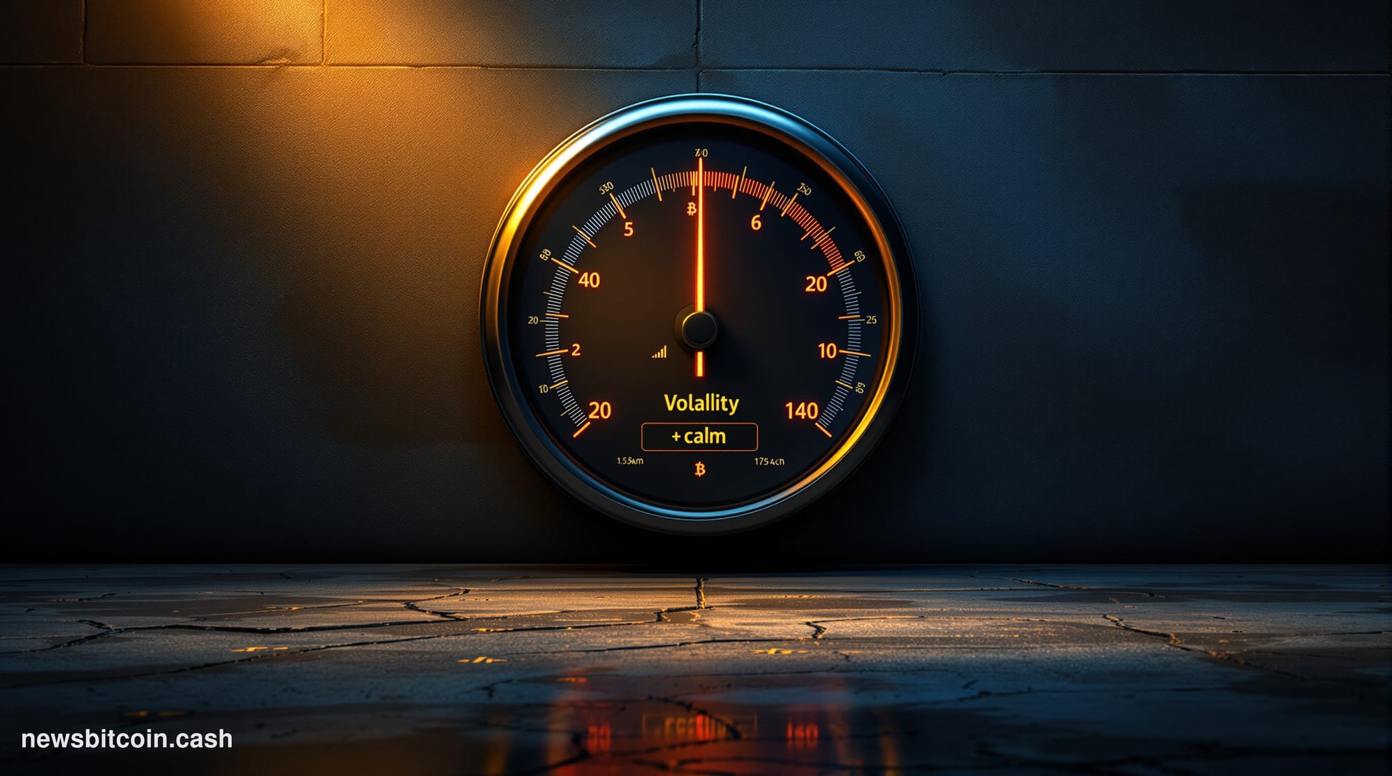 Cinematic photorealistic editorial photograph of a massive analog volatility gauge or pressure meter mounted on a dark indust