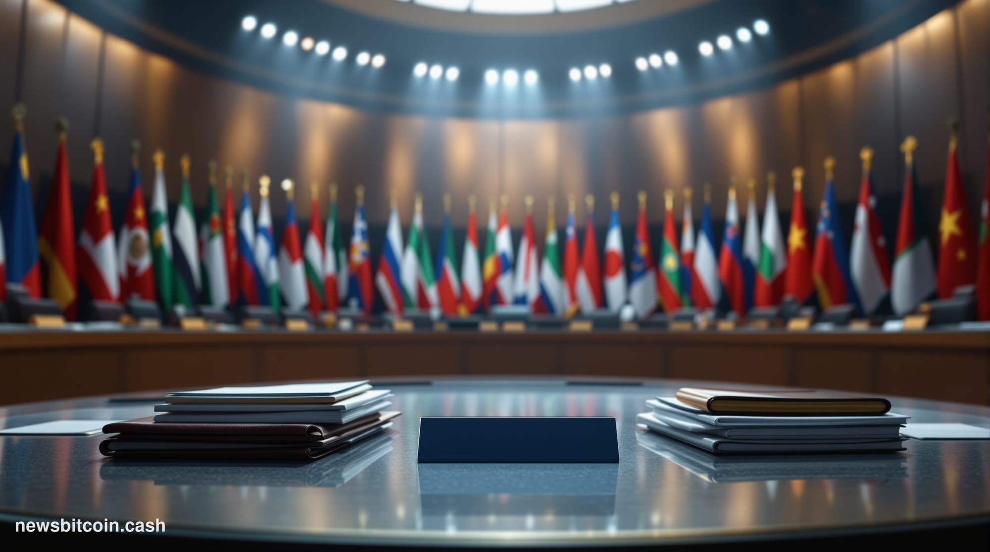 Cinematic photorealistic editorial photograph of a grand international summit chamber, styled after the G20 meeting halls in 