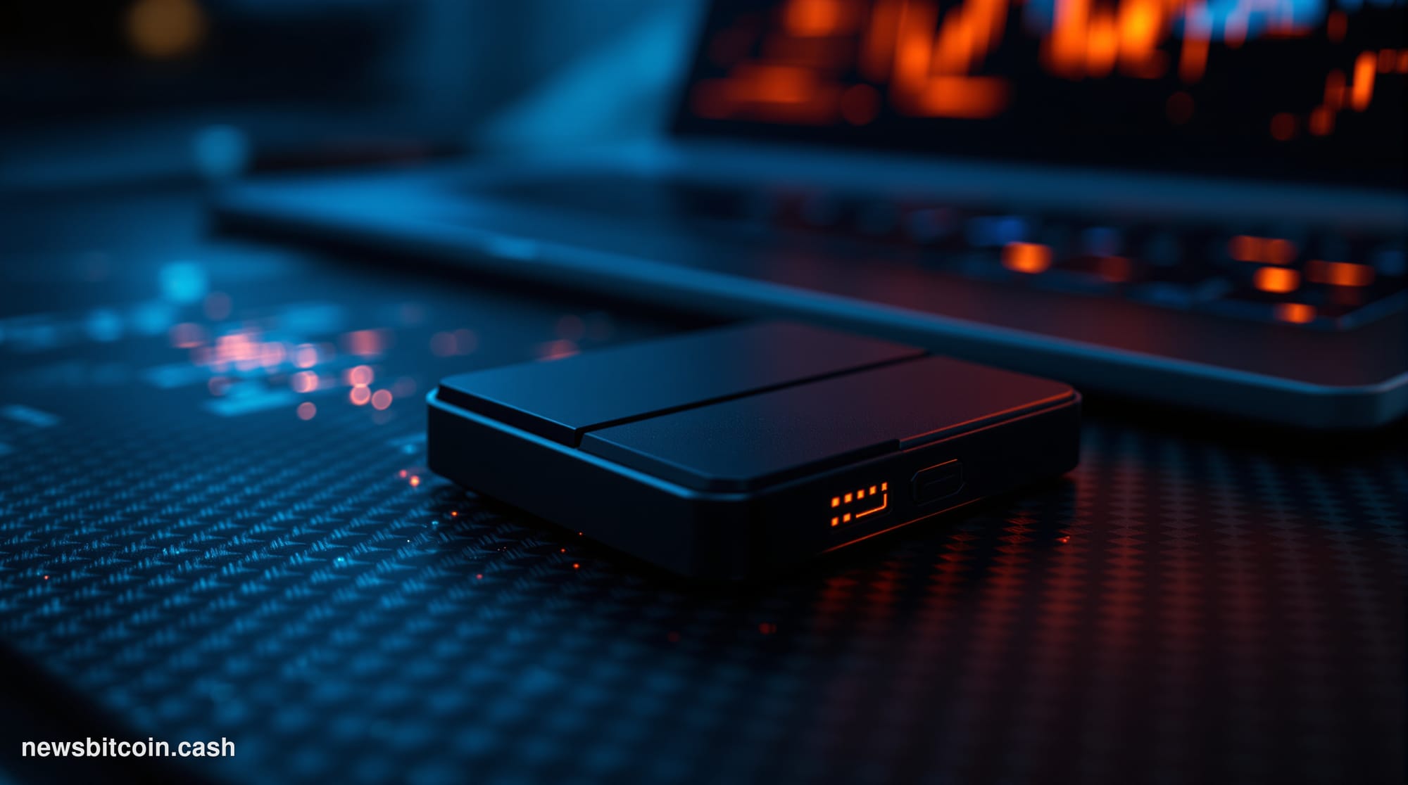 Cinematic photorealistic editorial photograph of a Coldcard hardware wallet device — black, credit-card-sized, with its disti