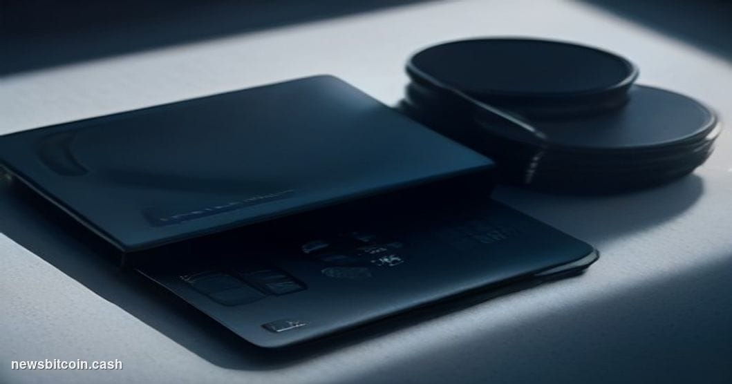 A cinematic photorealistic editorial photograph of a physical Coldcard hardware wallet device resting on a dark matte surface