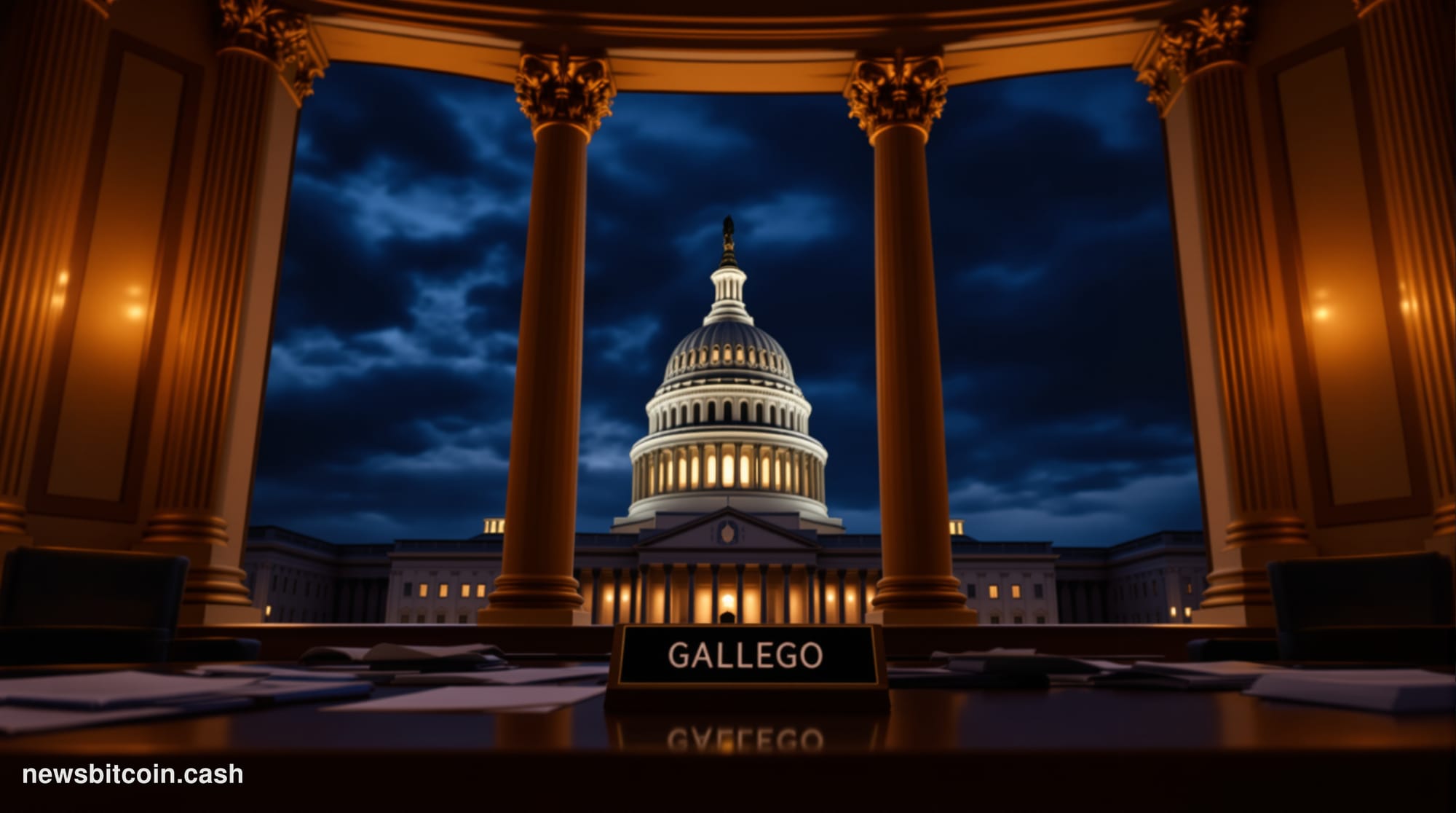 Cinematic photorealistic editorial photograph of the United States Capitol building at dusk, shot from a low angle on the Sen