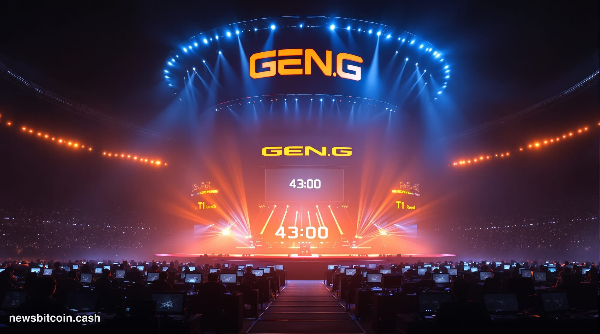 Cinematic photorealistic editorial photograph of a massive esports arena at night, shot from a low angle looking up toward a 