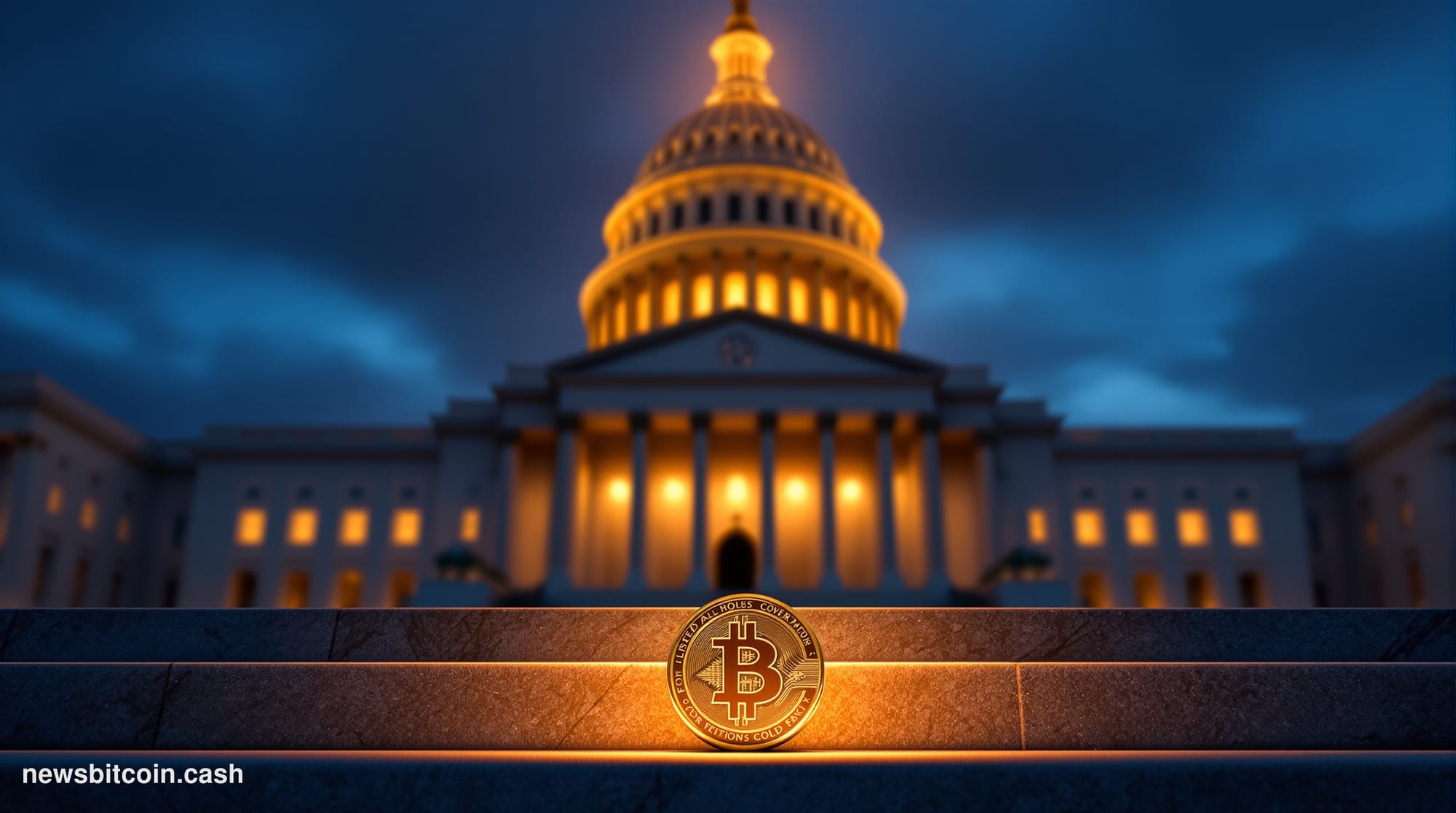 Cinematic photorealistic editorial photograph shot at ground level looking up at the US Capitol building in Washington D.C. a