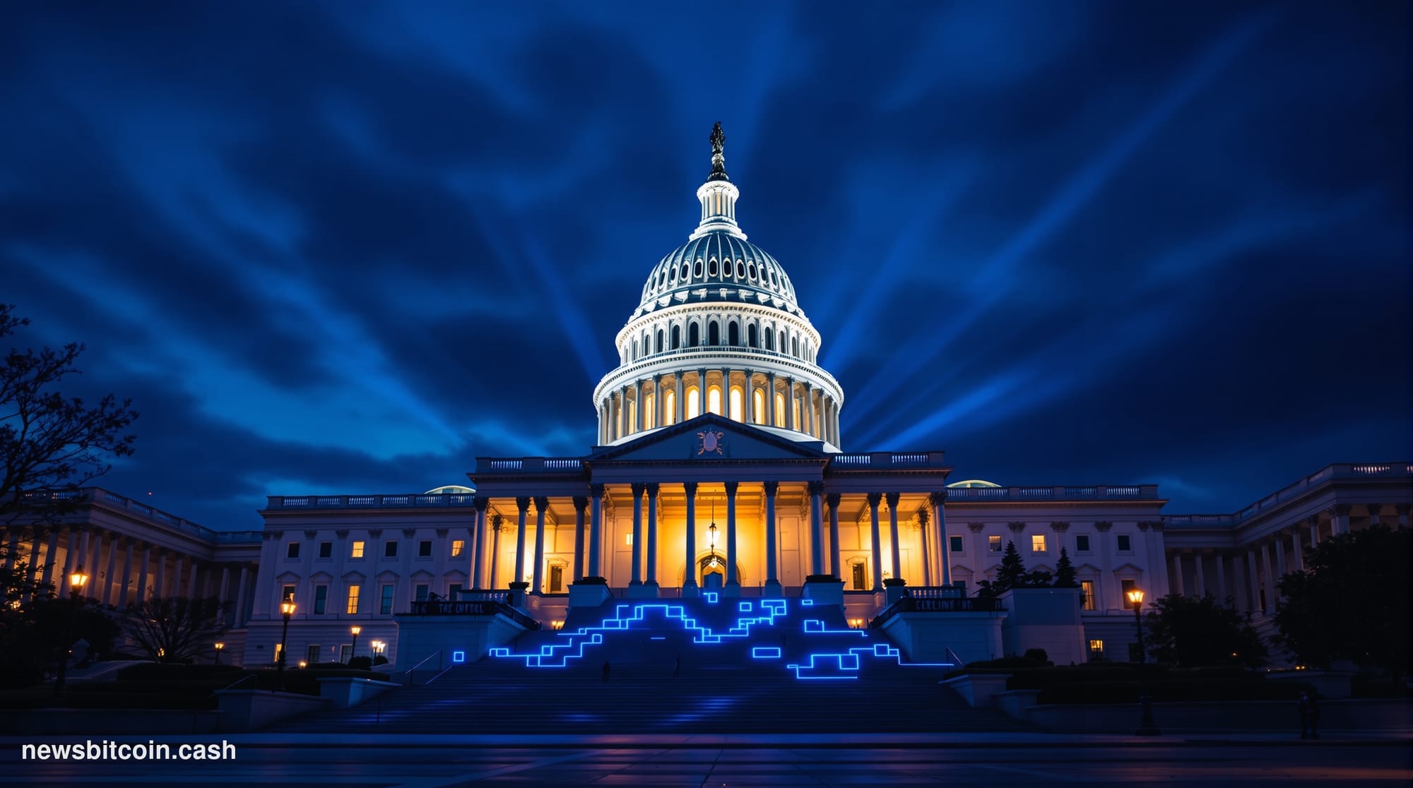 Cinematic photorealistic editorial photograph of the United States Capitol building in Washington D.C. at dusk, shot from a l