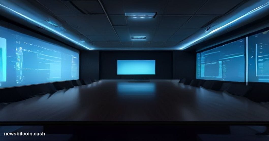 A cinematic photorealistic editorial photograph of a split-screen corporate boardroom setting at night, dramatically lit from