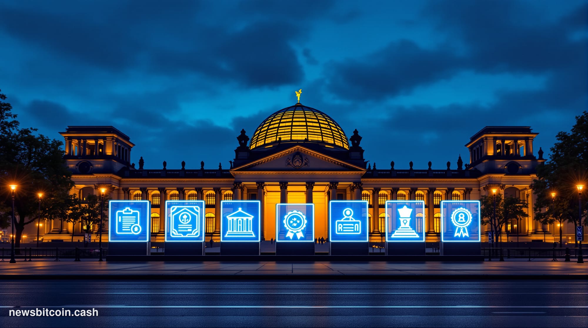 Cinematic photorealistic editorial photograph of the Reichstag building in Berlin at dusk, its iconic glass dome illuminated 