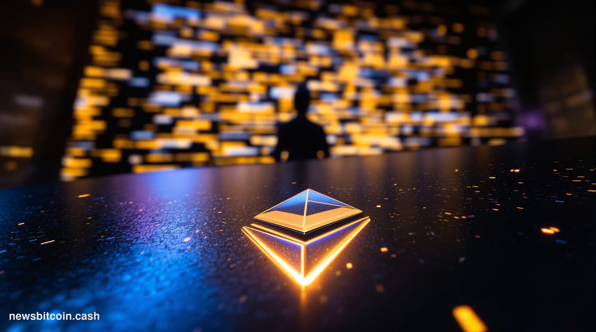 Cinematic photorealistic editorial photograph of a dramatic close-up of a glowing Ethereum logo etched into a dark metallic s