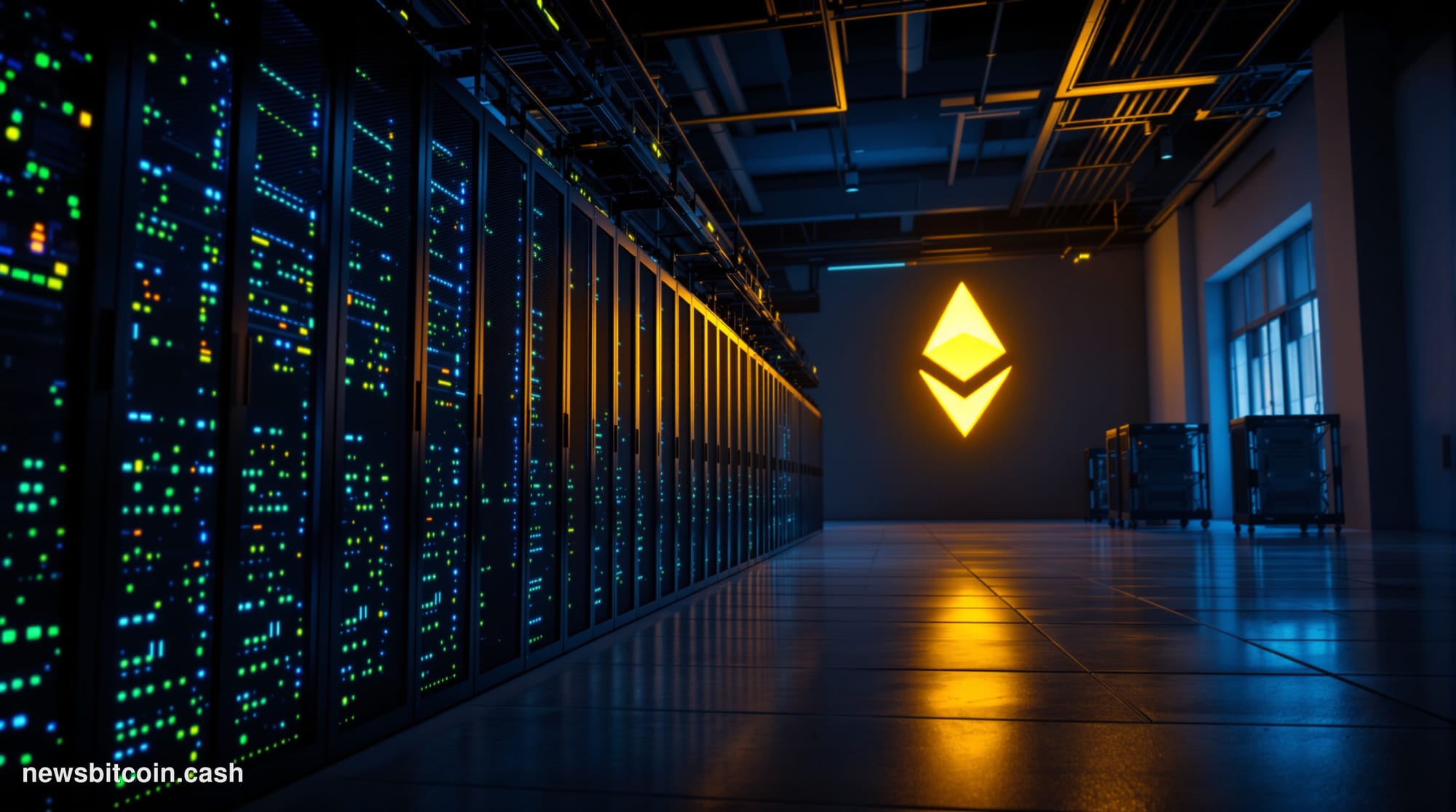 A cinematic photorealistic editorial photograph of a large server room being decommissioned at dusk, with rows of validator n