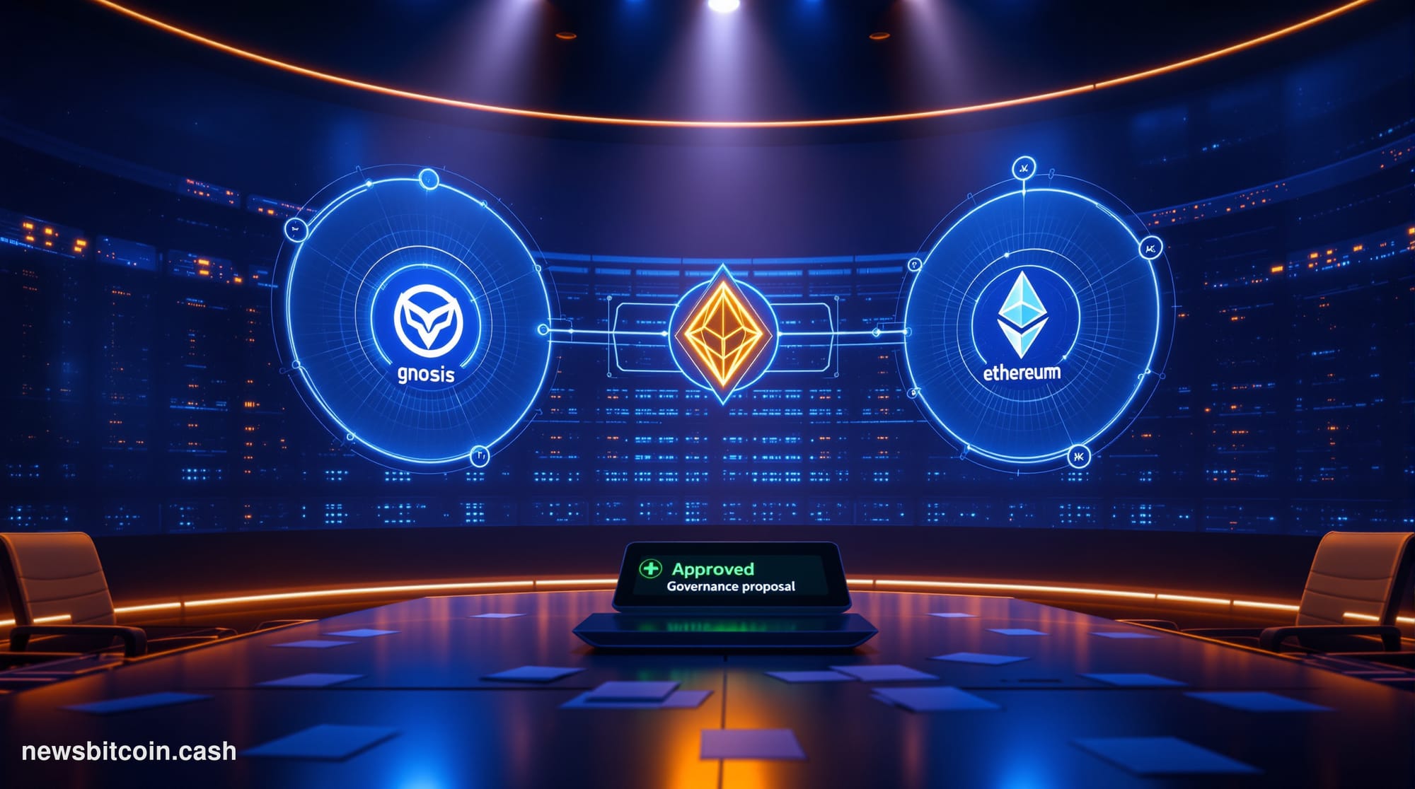 A cinematic photorealistic editorial photograph of a high-tech blockchain operations center bathed in deep blue and amber lig