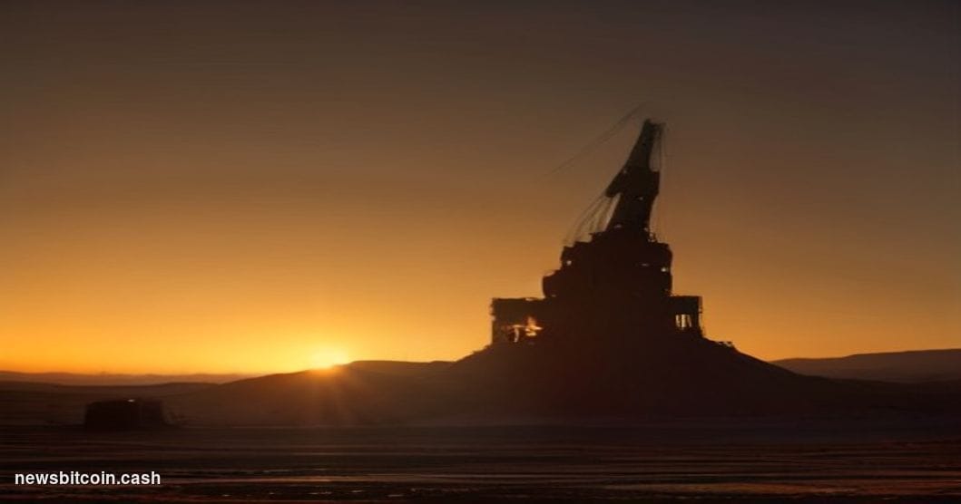 Cinematic photorealistic editorial photograph of an open-pit gold mine at dawn, shot from a low angle looking up at massive e