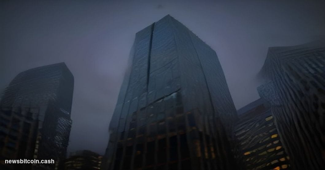 Cinematic photorealistic editorial photograph shot from a low angle looking up at the lower Manhattan financial district skyl