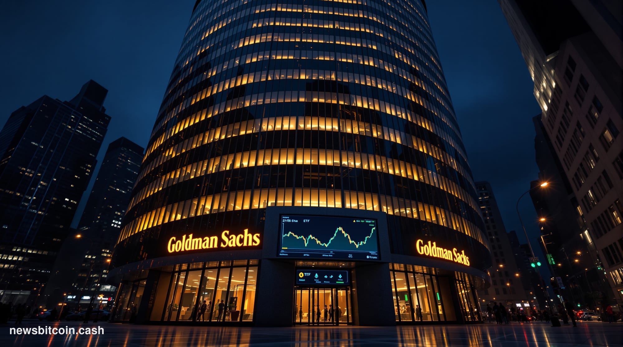 Cinematic photorealistic editorial photograph of the Goldman Sachs headquarters tower at 200 West Street in lower Manhattan, 