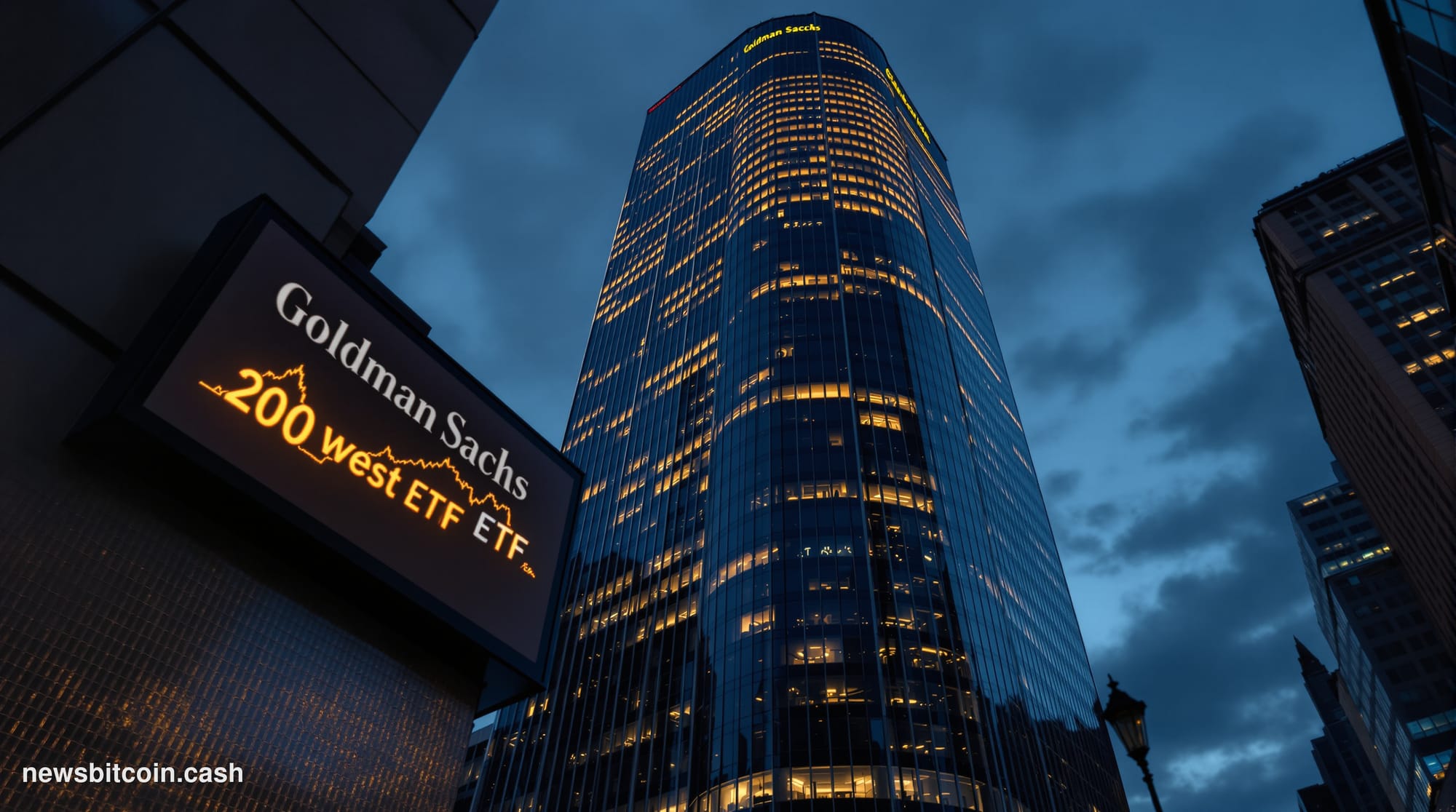 Cinematic photorealistic editorial photograph of Goldman Sachs' iconic Manhattan headquarters at 200 West Street, shot from a