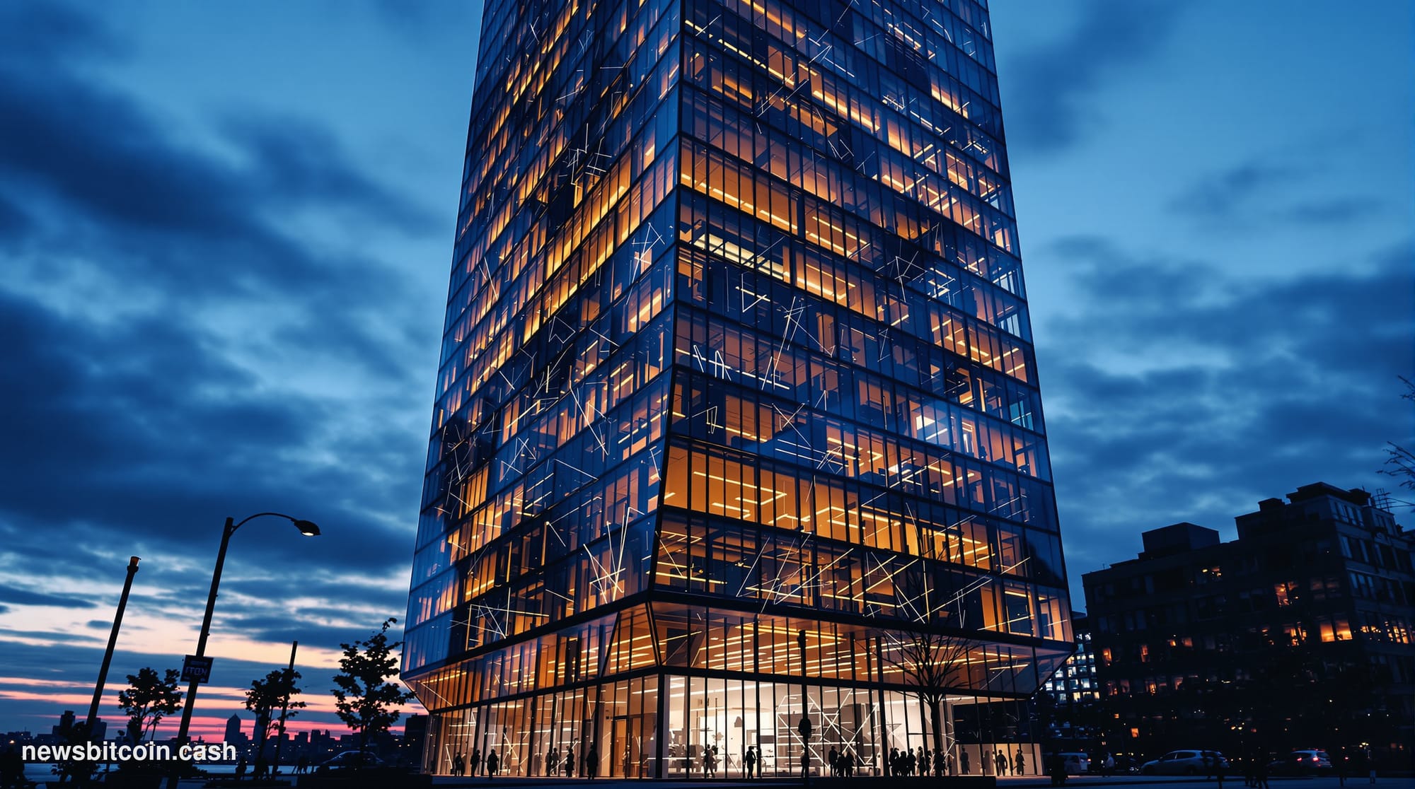 Cinematic photorealistic editorial photograph of Goldman Sachs' iconic lower Manhattan headquarters at 200 West Street, New Y
