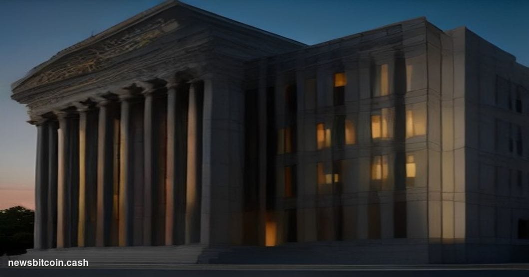 Cinematic photorealistic editorial photograph of a government tax authority building — modeled on a U.S. Treasury or OECD-sty