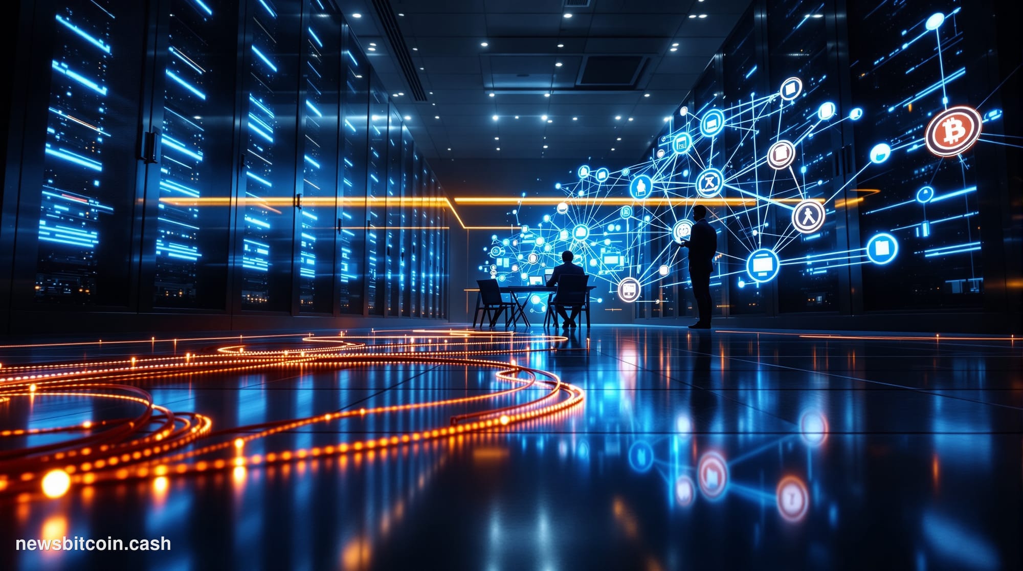 Cinematic photorealistic editorial photograph of a gleaming server farm at night, shot from a low angle looking up at towerin