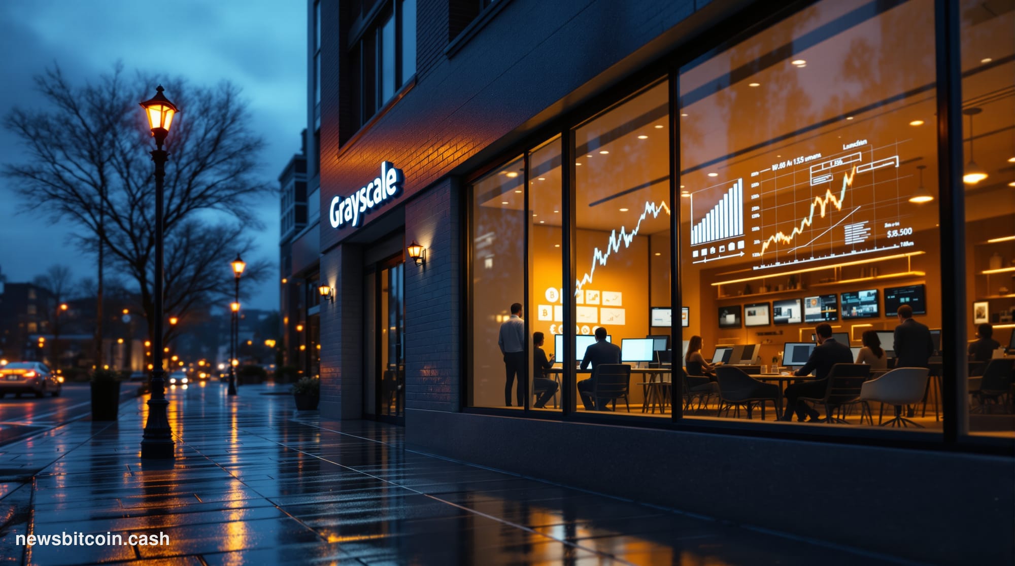 Cinematic photorealistic editorial photograph of the Grayscale Investments office exterior in Stamford, Connecticut, shot fro