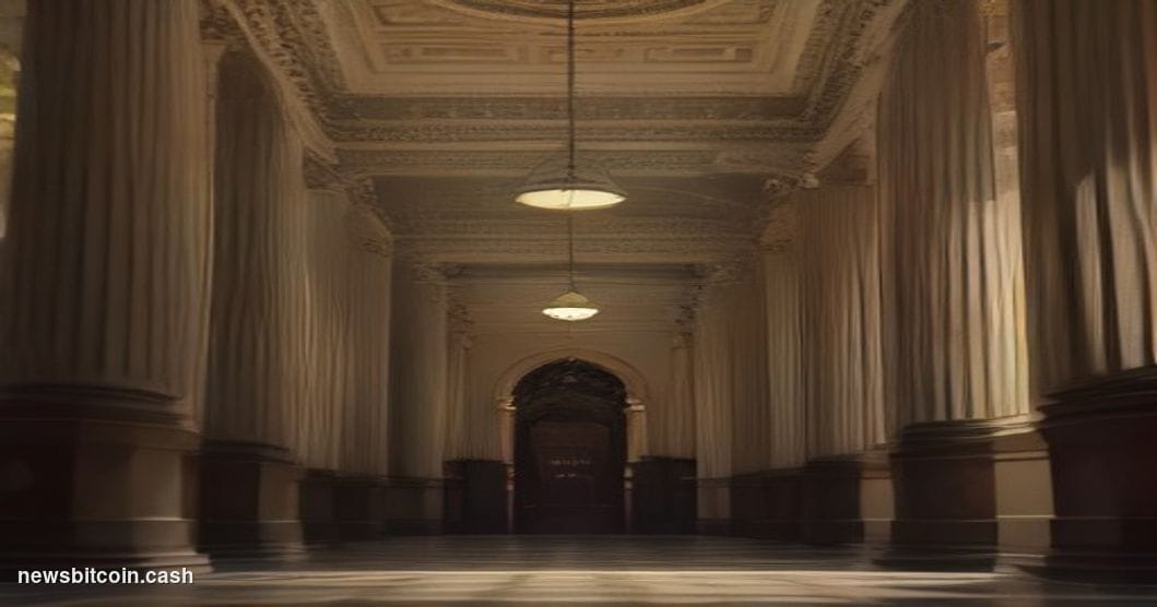 A cinematic photorealistic editorial photograph set inside a grand government treasury building, its marble columns and gilde