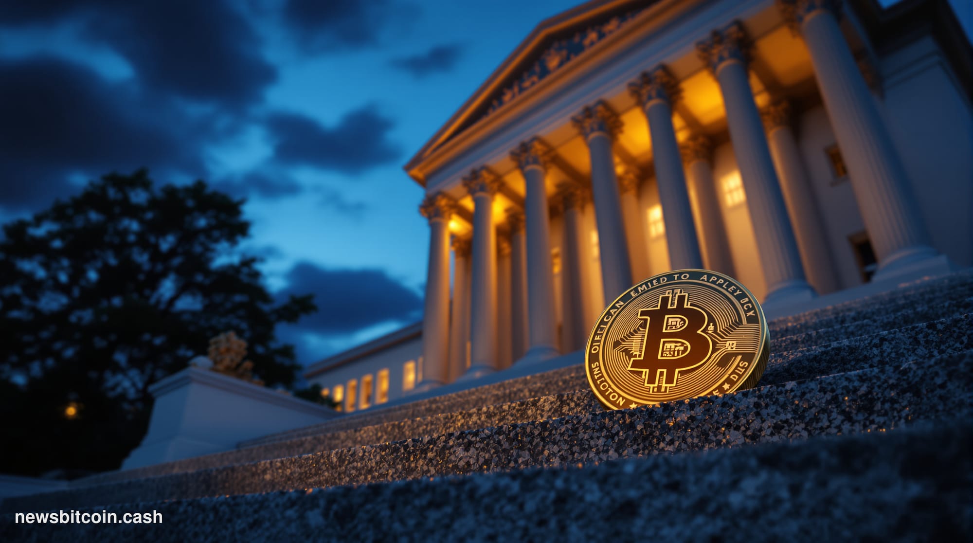 Cinematic photorealistic editorial photograph of the SEC headquarters building in Washington D.C. — the iconic neoclassical f