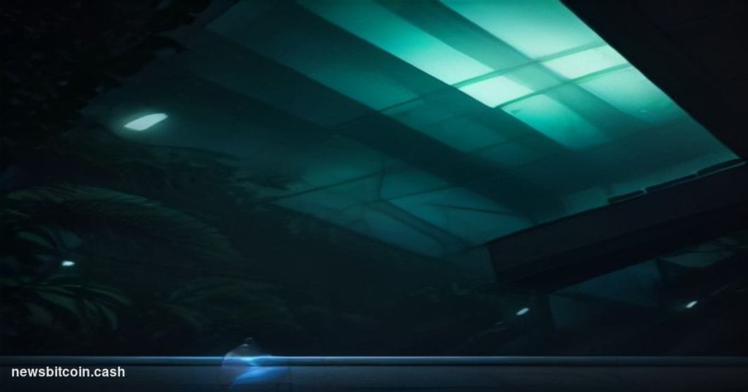 Cinematic photorealistic editorial photograph shot at night from a low angle, looking up at a large curved cinema or streamin