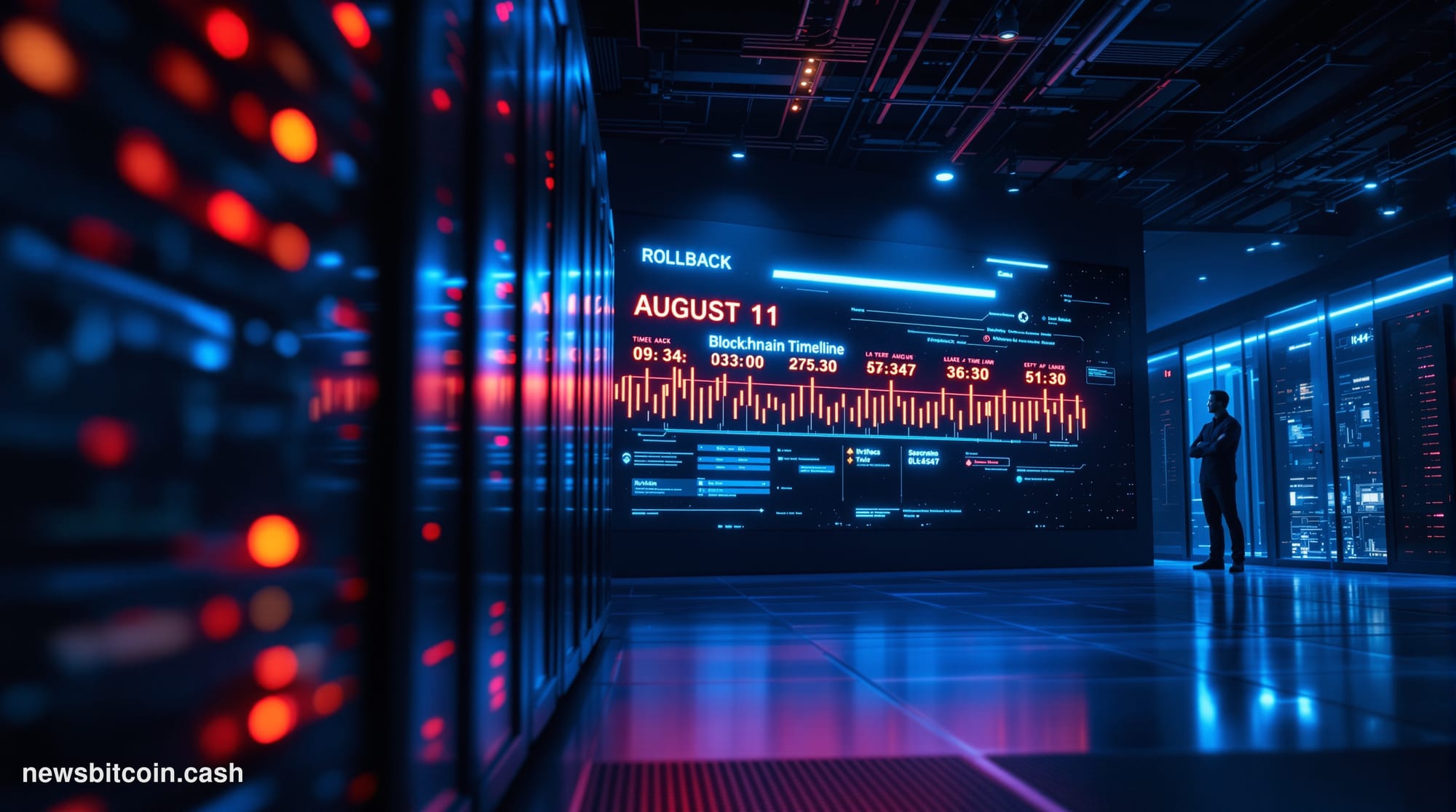 Cinematic photorealistic editorial photograph of a data center server room bathed in deep blue and amber emergency lighting, 