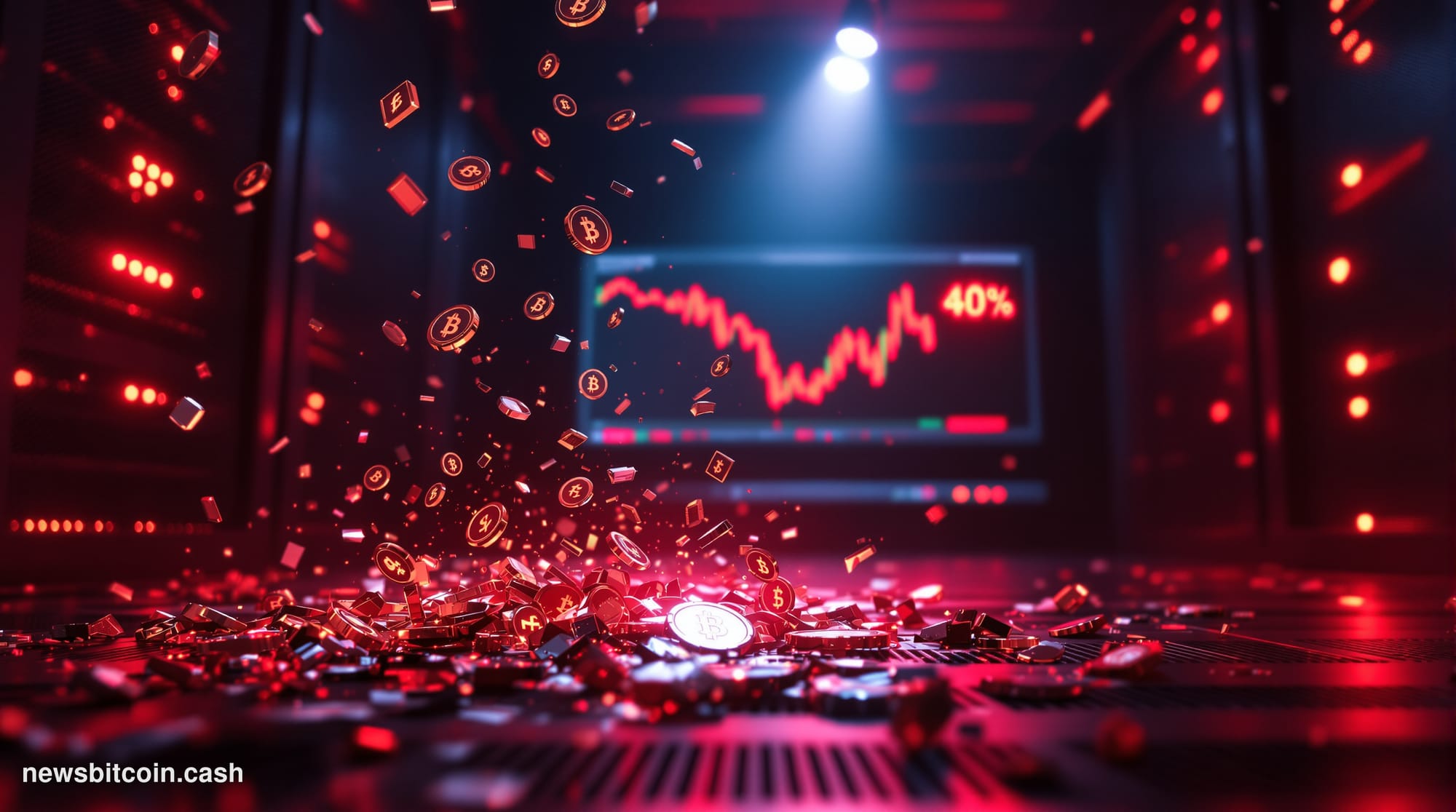 Cinematic photorealistic editorial photograph of a dramatic server room bathed in deep red emergency lighting, with shattered