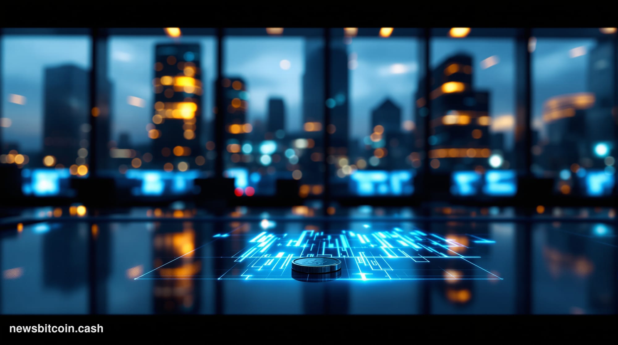 Cinematic photorealistic editorial photograph of a modern financial exchange trading floor in low-light evening conditions, w