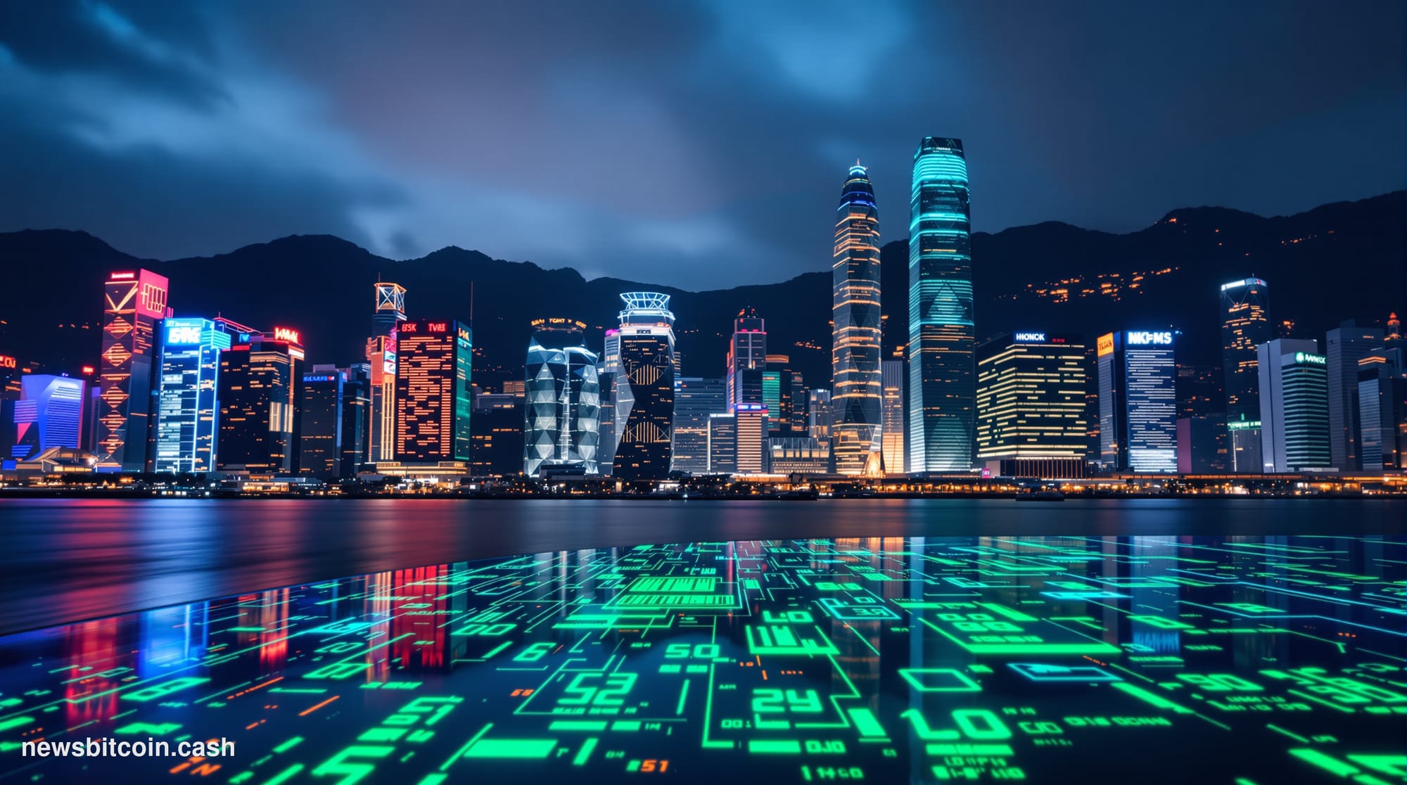 Cinematic photorealistic editorial photograph of Hong Kong's Central financial district skyline at dusk, shot from the harbor