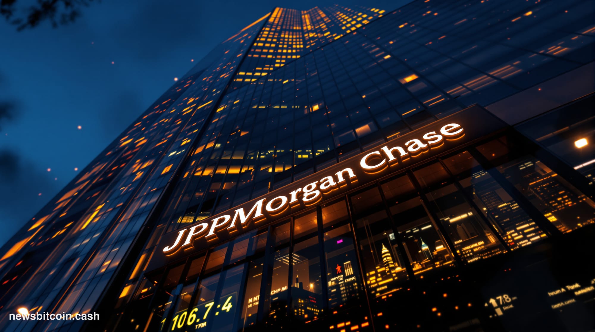 Cinematic photorealistic editorial photograph of the JPMorgan Chase headquarters tower in Manhattan, shot from a low angle at