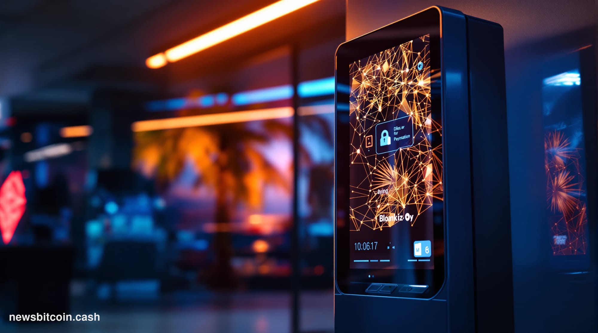 A cinematic photorealistic editorial photograph of a standalone cryptocurrency ATM kiosk inside a convenience store or grocer
