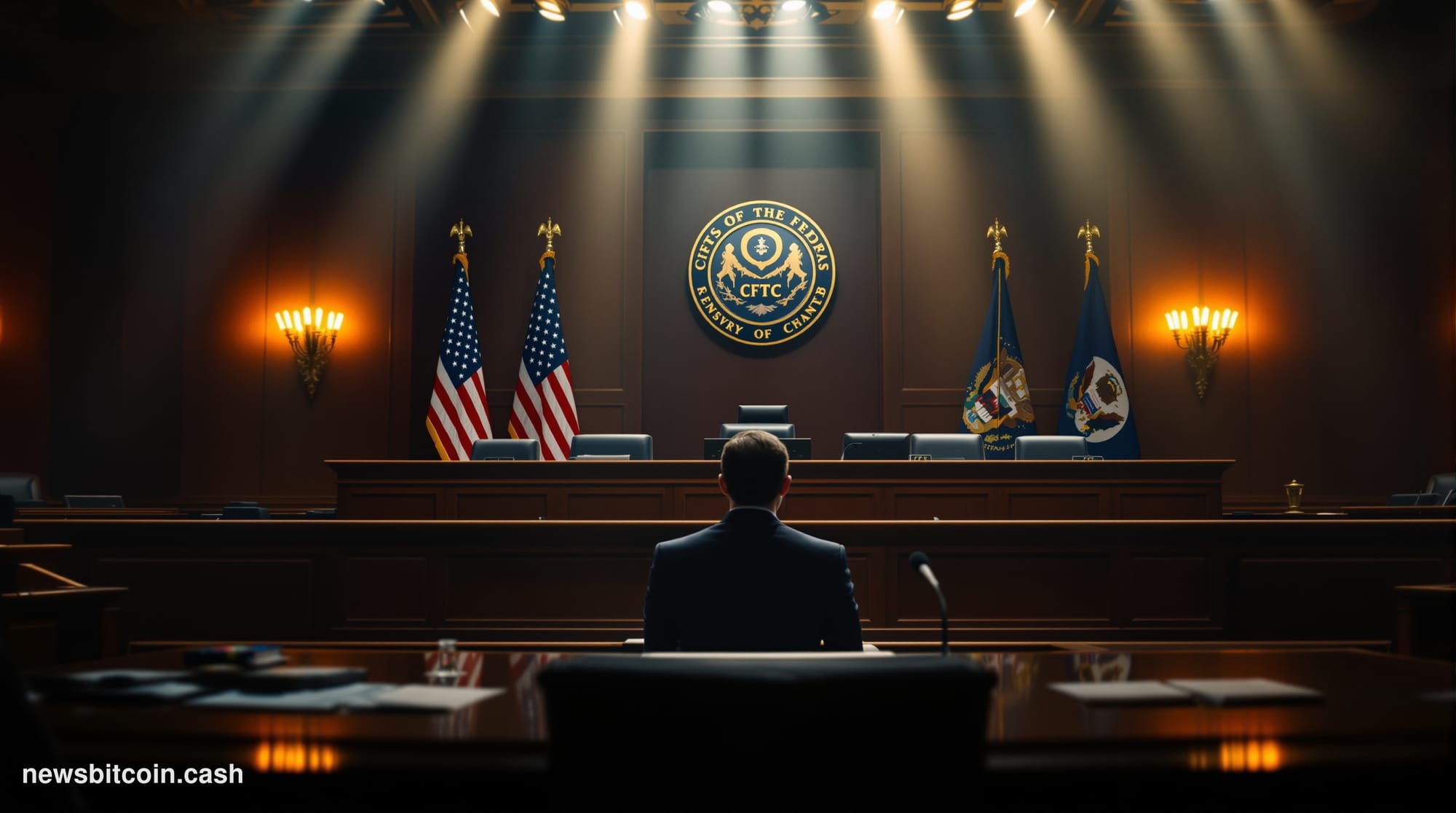 Cinematic photorealistic editorial photograph of a formal Washington D.C. federal hearing room, dramatic overhead lighting ca