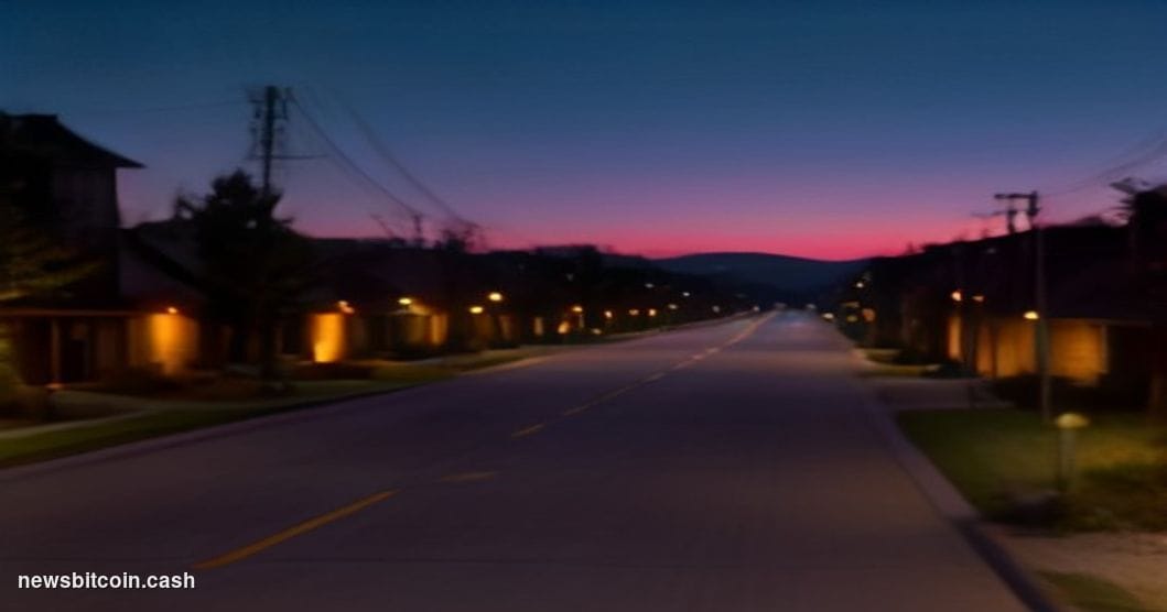Cinematic photorealistic editorial photograph of a suburban Texas streetscape at dusk — wide suburban boulevard lined with yo
