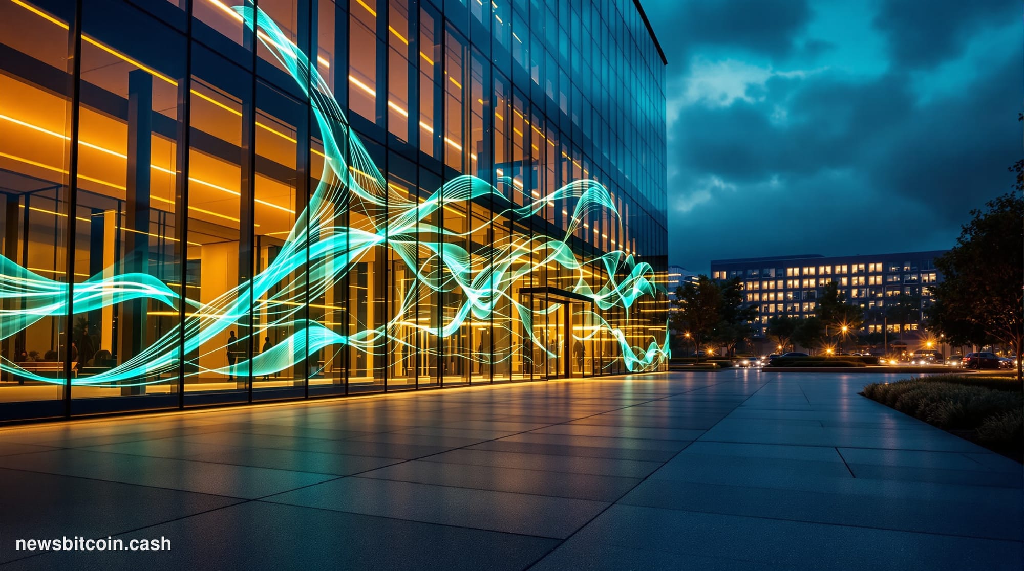 A cinematic photorealistic editorial photograph shot from a low angle looking up at a gleaming modern tech campus entrance at