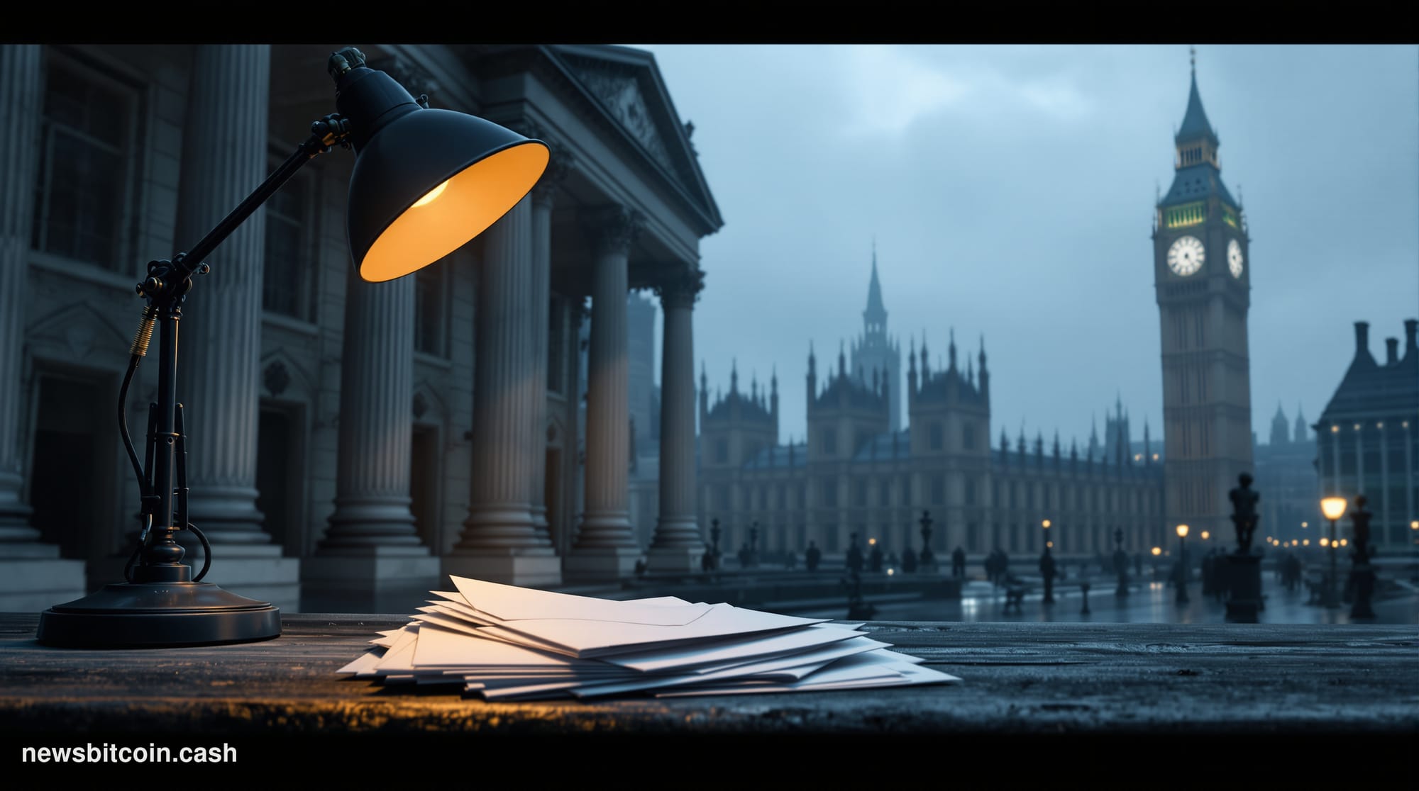 A cinematic photorealistic editorial photograph set outside HMRC's headquarters at 100 Parliament Street in London, Westminst