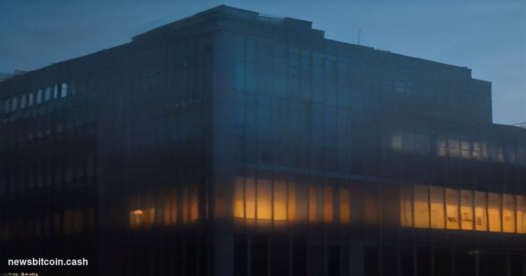 Cinematic photorealistic editorial photograph of the Human Rights Foundation's New York offices at dusk, shot from a low angl