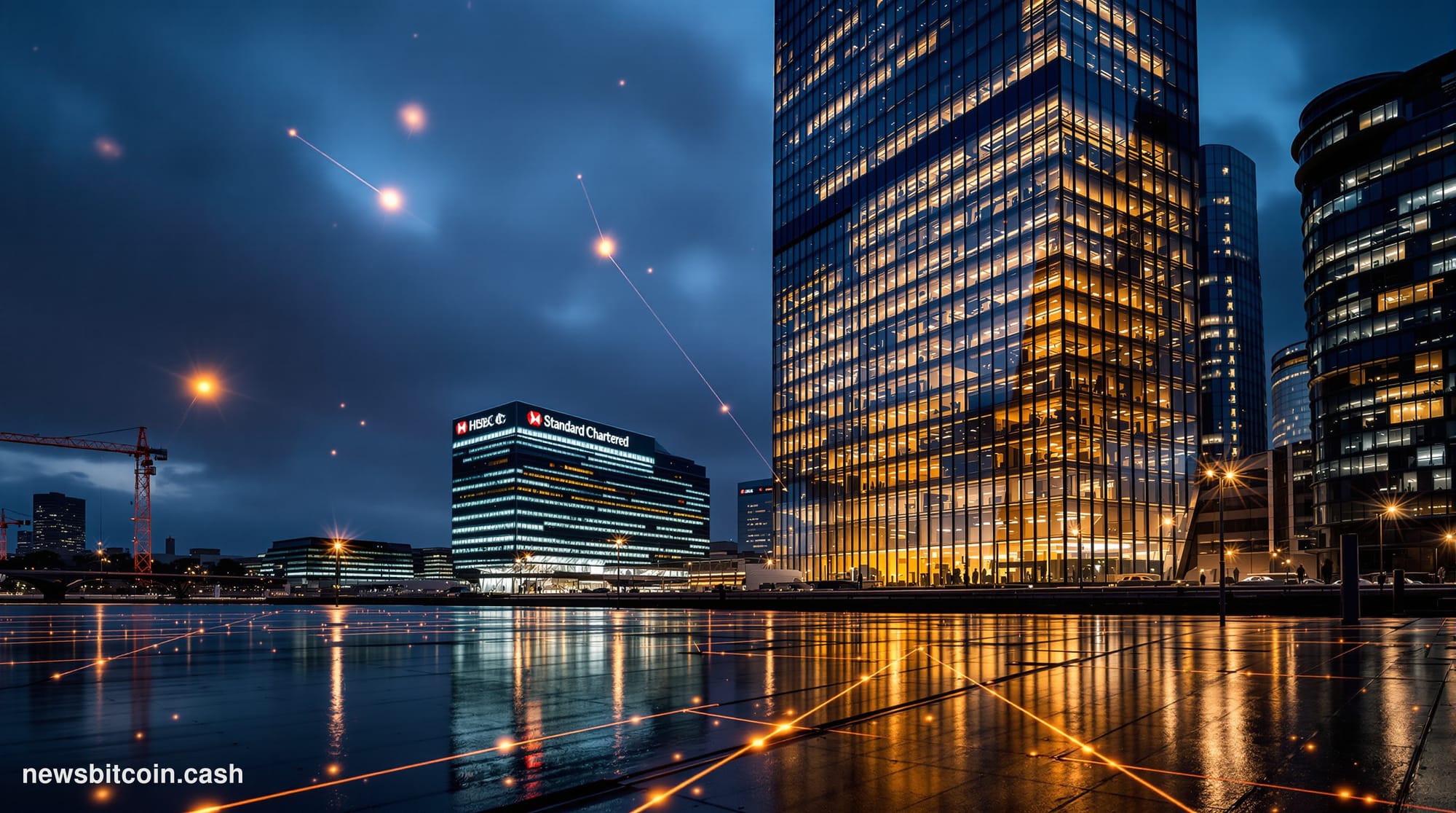 Cinematic photorealistic editorial photograph of the HSBC headquarters building in Canary Wharf, London, its distinctive glas
