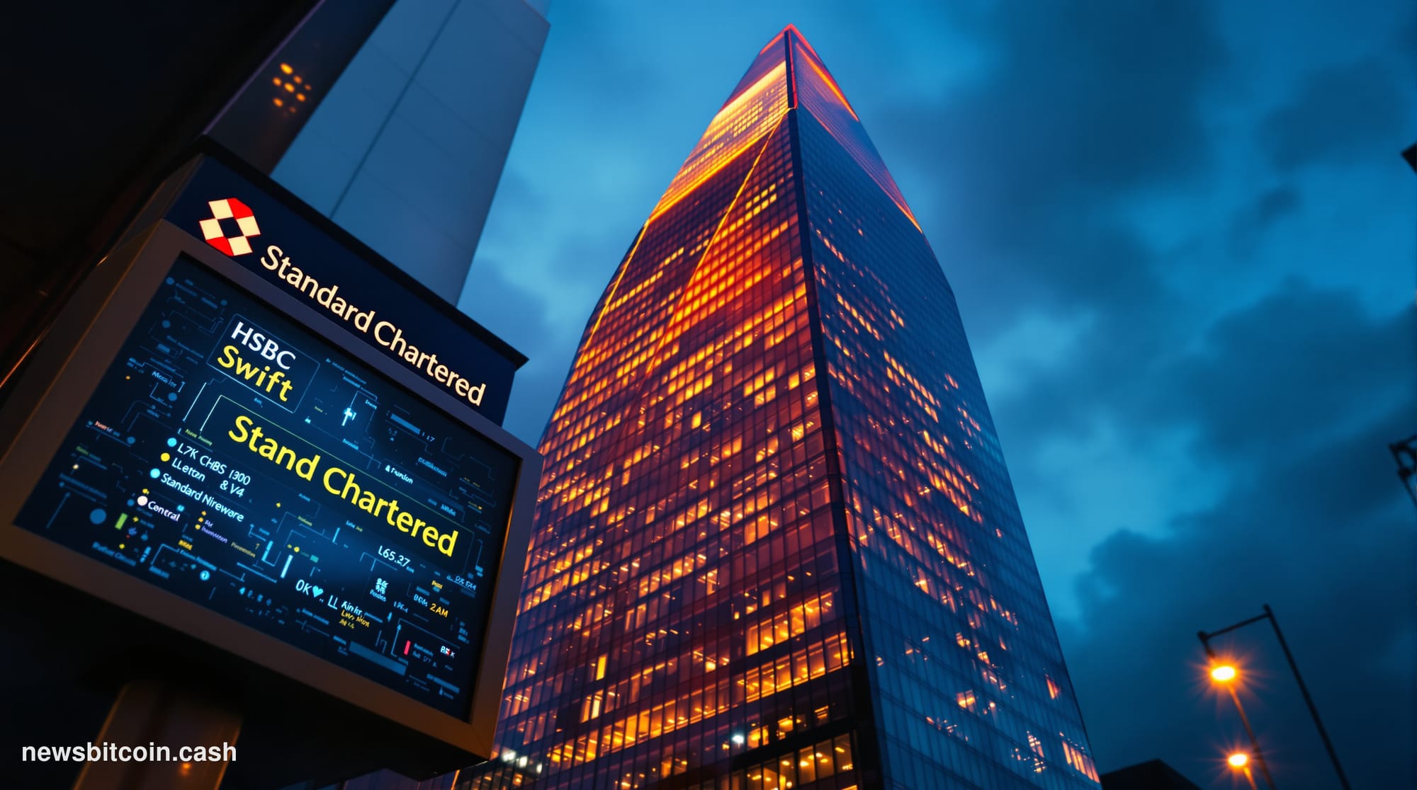 Cinematic photorealistic editorial photograph of the HSBC headquarters tower in London's Canary Wharf financial district at d