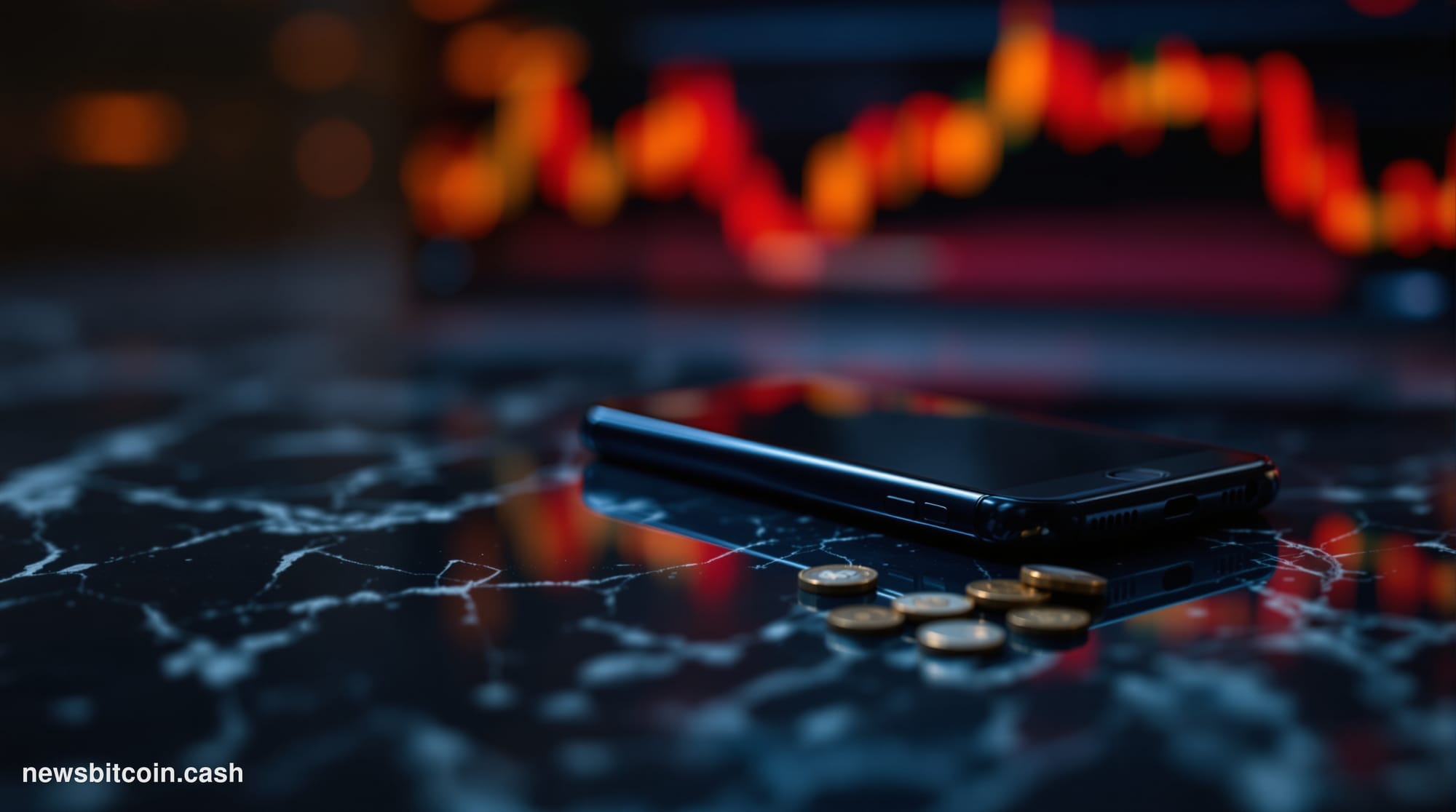 A cinematic photorealistic editorial photograph of a smartphone displaying a locked crypto exchange account screen, placed on