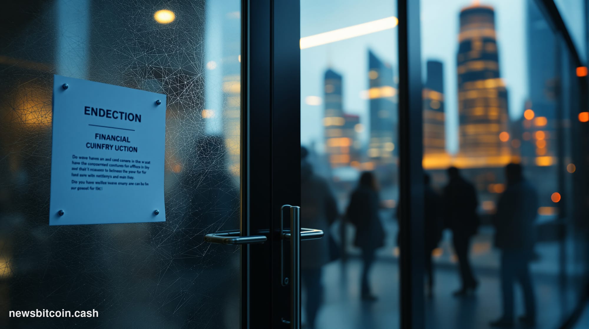 A cinematic photorealistic editorial photograph shot at street level outside a glass-fronted financial district office buildi