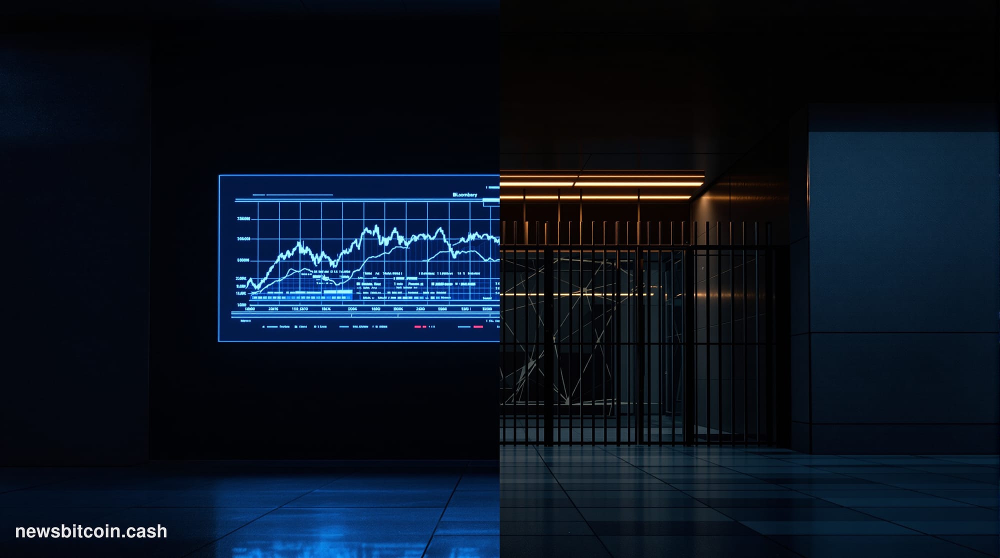 Cinematic photorealistic editorial photograph of a dramatic split-scene composition: on the left, a glowing digital trading t